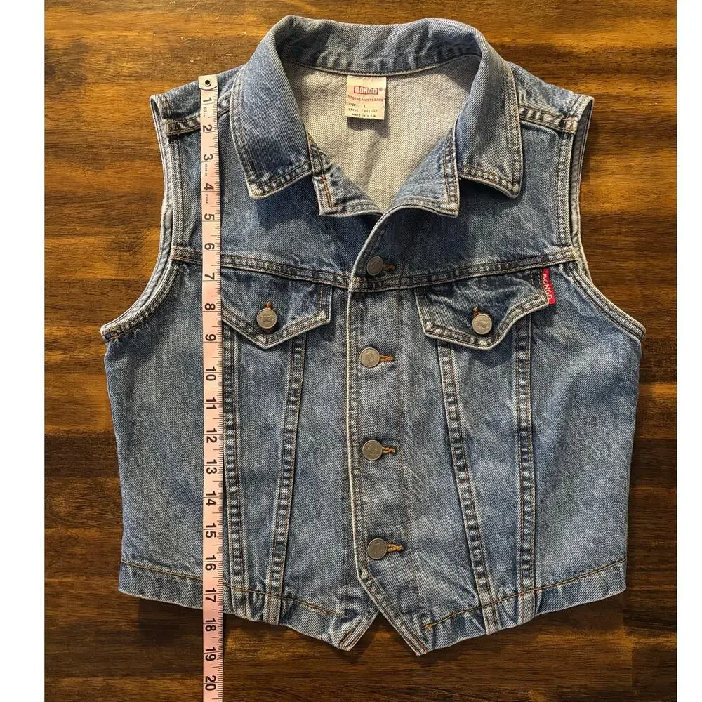 Bongo Women’s Large Denim Vest Vintage Button Front Blue Jean Crop 100% Cotton
